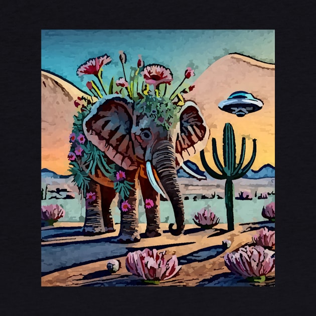 watercolor elephant cactus UFO fun by Catbrat